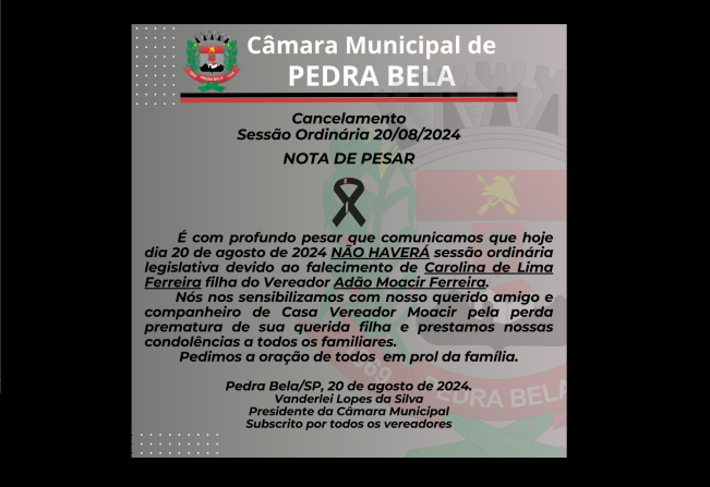 Cancelamento Sessão Ordinária do dia 20/08/2024